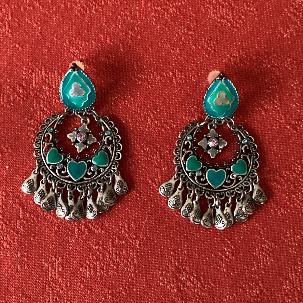 Boho Silver and Teal Chandelier Earrings